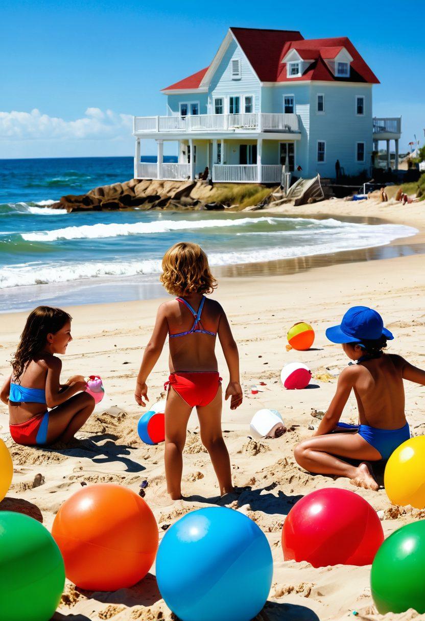 A vibrant beach scene featuring children joyfully playing with beach balls and building sandcastles, wearing colorful and stylish swimwear. Incorporate elements like a beach umbrella, splashing waves, and a clear blue sky to evoke a sense of playful nostalgia. The overall feel should be cheerful and inviting, reminiscent of carefree childhood days. super-realistic. vibrant colors. white background.